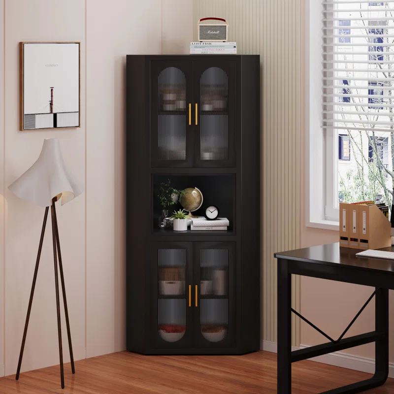 Ero Metal Corner Storage Cabinet with Acrylic Glass Doors and Shelves