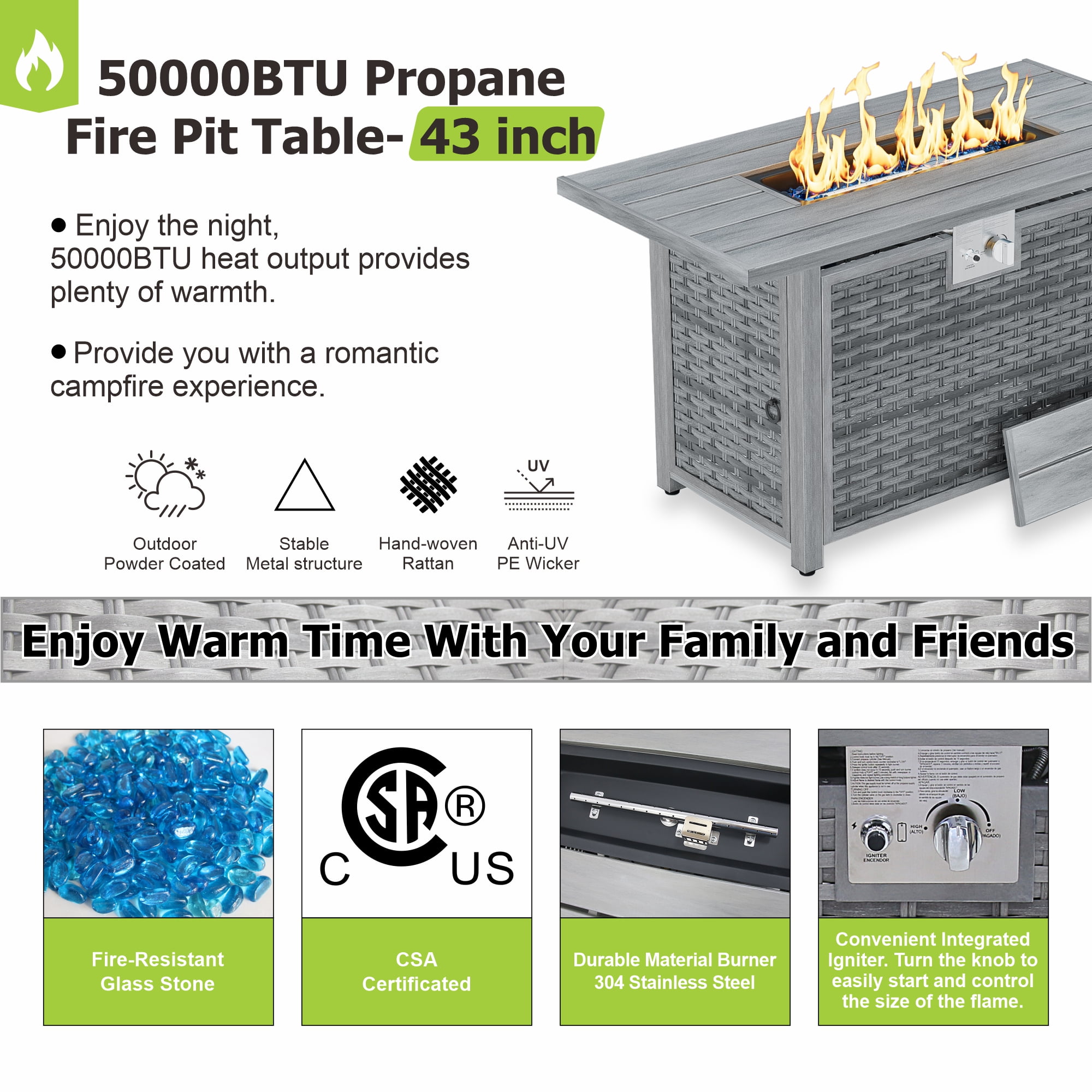 Vornel 43" Rectangular Propane Fire Pit Table for Outdoor Patio, 50,000 BTU 2-in-1 Gas Firepit Gray Heavy Duty Fire Table for Backyard Deck Garden