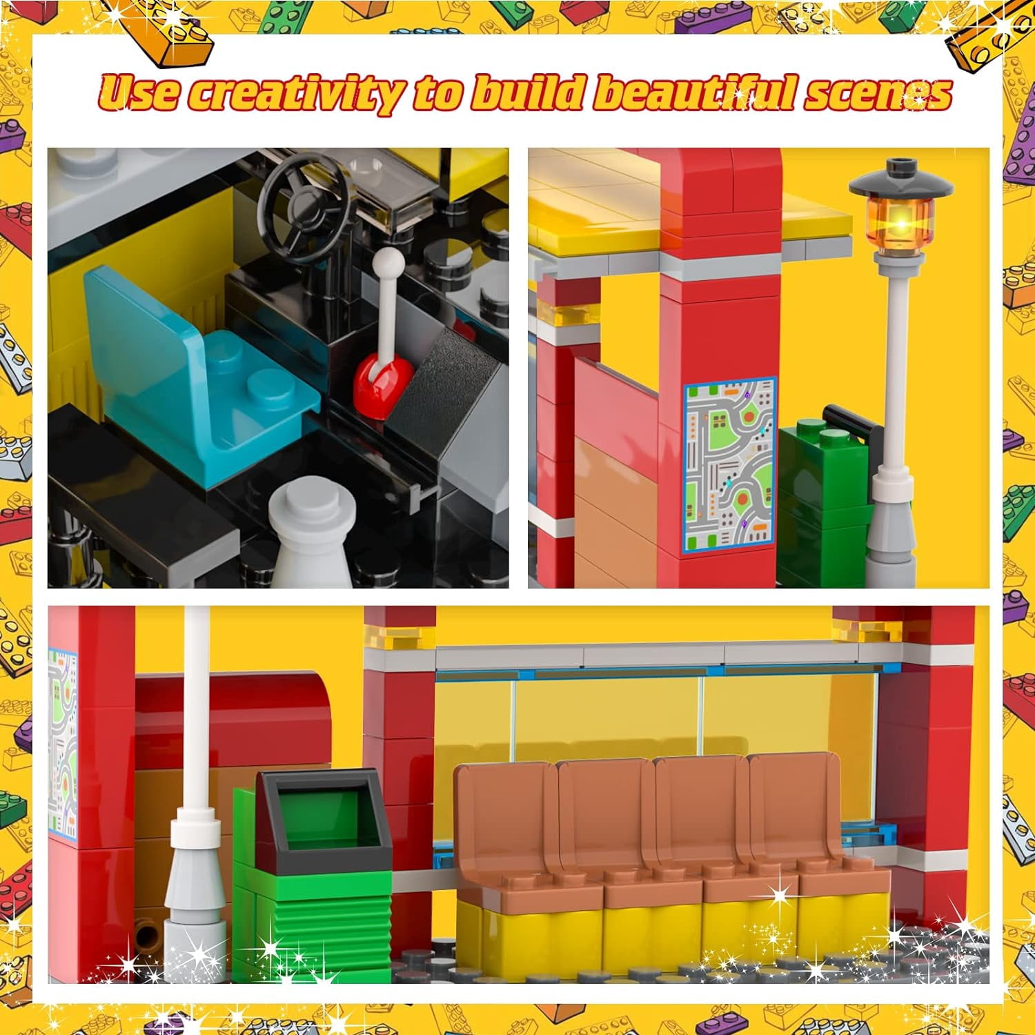 City School Bus Building Kit with Yellow Bus and Bus Station, Creative Building Blocks Toy Birthday Gifts for Kids Boys Girls Aged 6-12 (488 Pieces)
