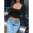 thumbnail image 4 of Women'S Square Neck Long Sleeve Ribbed Rhinestones Slim Fitted Casual Basic Crop Top, 4 of 8