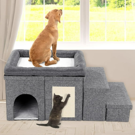 Window Perch, 3 Tiers 18''H Bedside Bed Stairs With Level Platform and Storage, Foldable Pet Stairs for Bed and Couch, Steps for Small, Medium, Large Dog, Cat or Pets