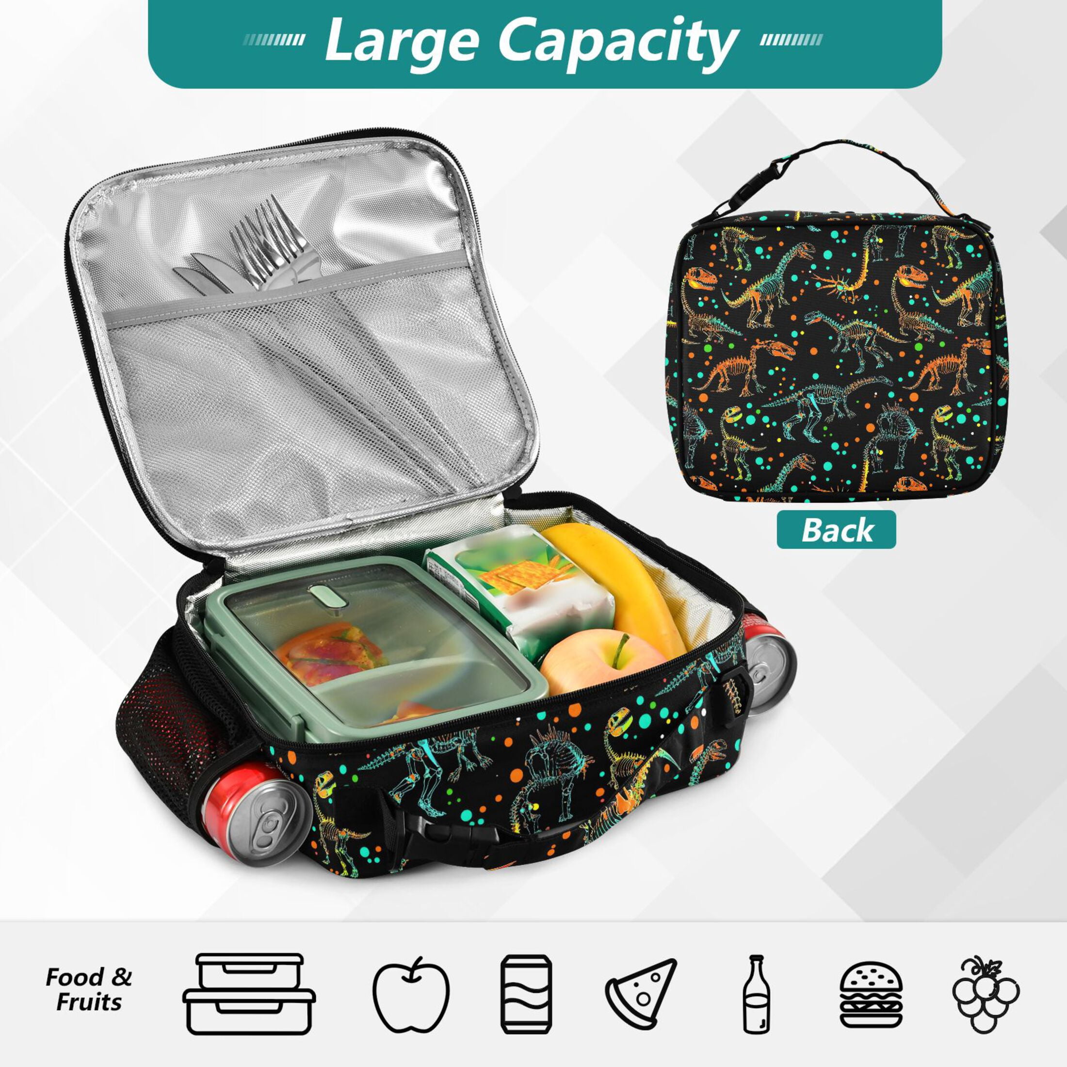 ALAZA Cartoon Dinosaur Lunch Box Insulated Lunch Bag Cooler Tote with Shoulder Strap