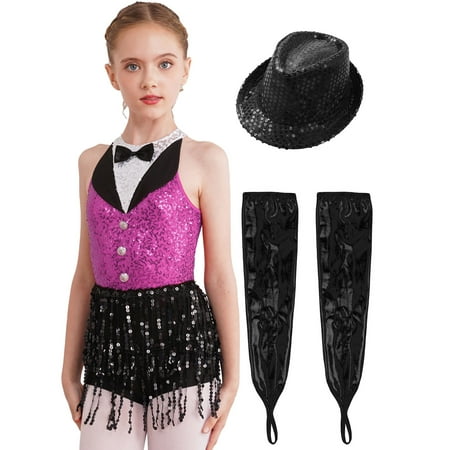 Haitryli Big Girls Sparkly Tuxedo Bodysuit Outfits Fringe Latin Dance Leotard with Gloves Hat Ballroom Dancing Costume Hot Pink&Black 16