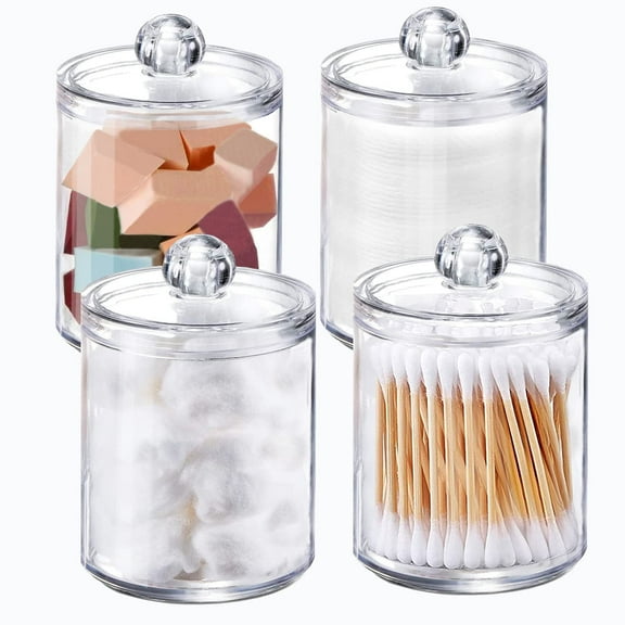4 PACK Qtip Holder Dispenser for Cotton Ball, Cotton Swab, Cotton Round Pads, Floss Picks, Clear Apothecary Jar Set for Bathroom Canister Storage Organization, Vanity Makeup Organizer By PULMCheerger