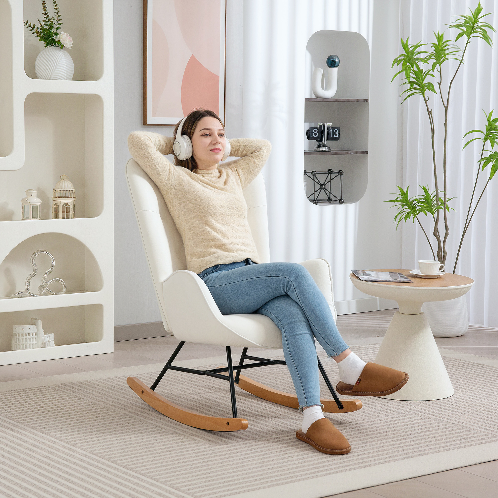 Segmart Velvet Rocking Chair with High-Density Foam Cushion, Upholstered Accent Chair with Wide Backrest, Gentle Rocking Motion, Cream Armchair for Living Room Bedroom Nursery