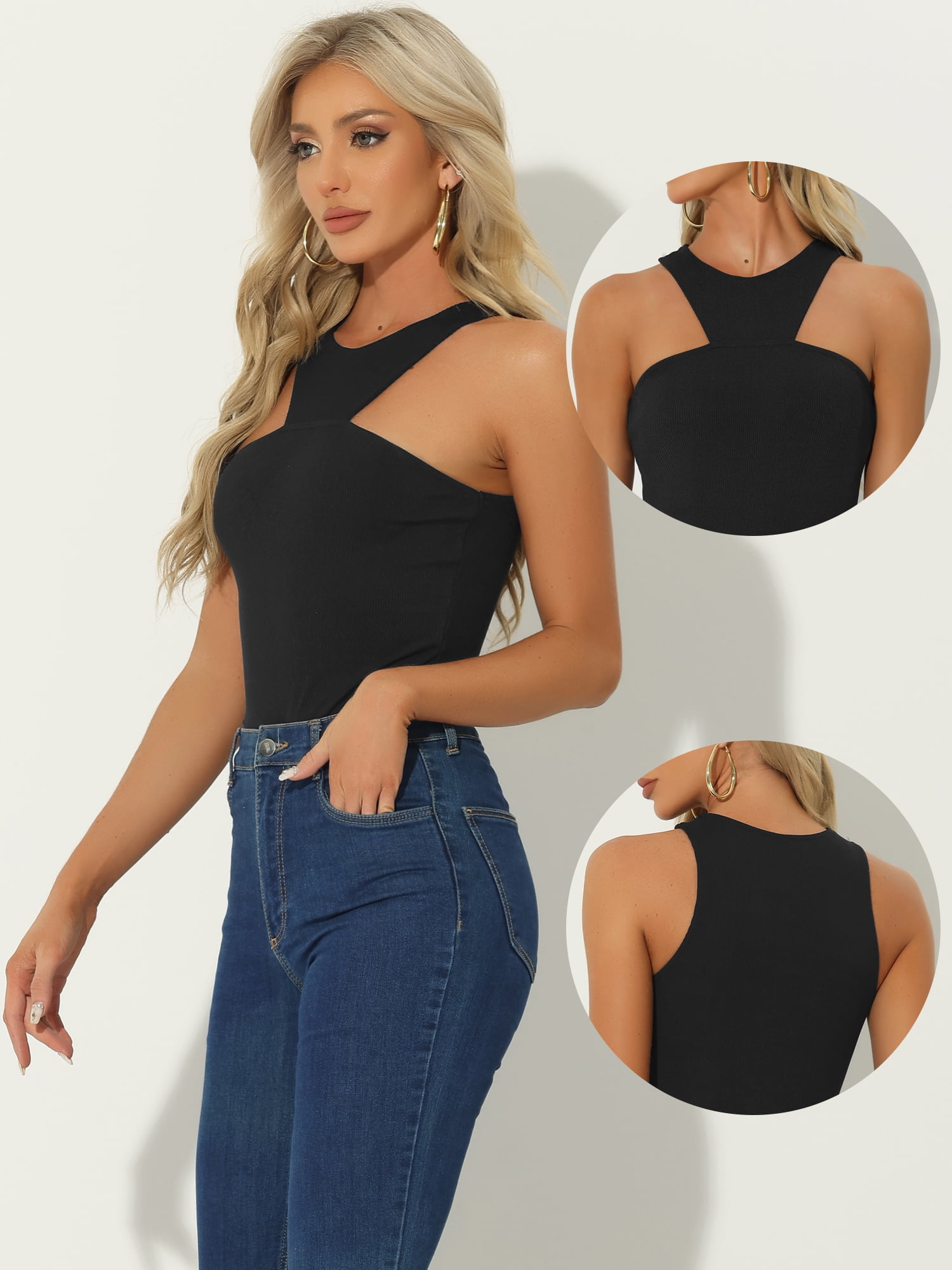 DARING DIVA Sleeveless Asymmetrical Halter Neck Tank Top Bodysuit L Black