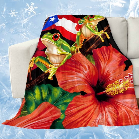 Puerto Rico Flag Cooling Blanket, Lightweight Breathable Summer Throw Blanket with Double Sided Cold Effect, Frog Red Flower Summer Leaf Picnic Beach Blankets Bed Sheet for Hot Sleepers 50"x60"