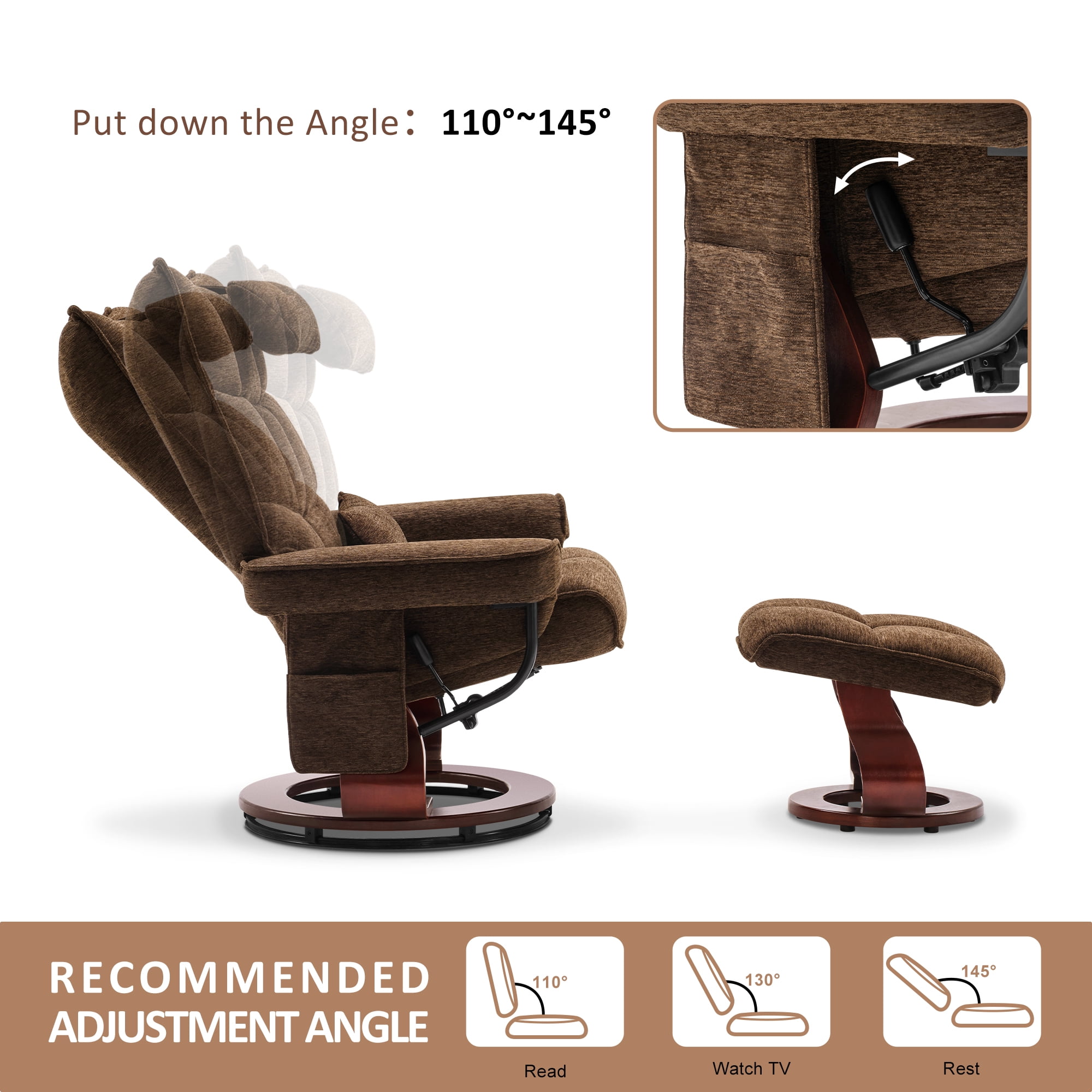 Mcombo Swivel Recliner with Ottoman, Massage TV Chairs with Neck Pillow and Side Pocket for Living Reading Room, Chenille Fabric 4188