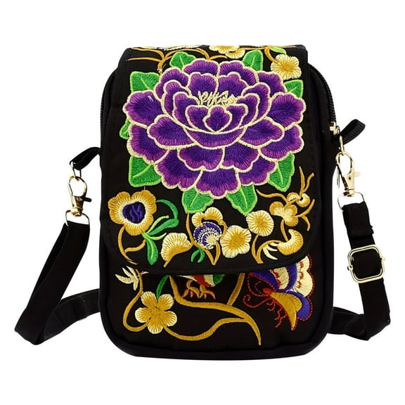 Xfvqtps Womens Crossbody Bag Ethnic Style Colorful Flowers Embroidery Vertical Version Adjustable Shoulder Strap Fashion Lightweight Portable Purse Purple