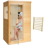 HOSAUNA Infrared Home Sauna Room 1 Person Hemlock Wooden Indoor Sauna Spa，Canadian Hemlock Wood 800W Indoor Saunas 110V with Control Panel and Tempered Glass Door