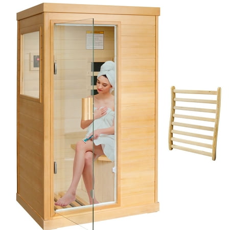 HOSAUNA Infrared Home Sauna Room 1 Person Hemlock Wooden Indoor Sauna Spa，Canadian Hemlock Wood 800W Indoor Saunas 110V with Control Panel and Tempered Glass Door