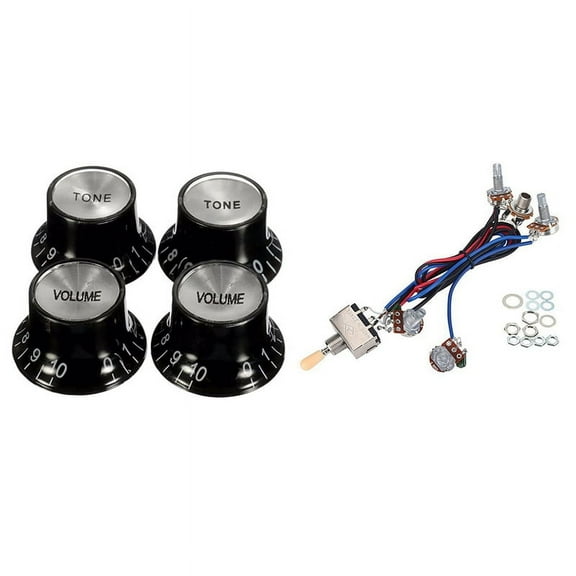 5 Pcs Guitar Parts:1 Pcs Lp Electric Guitar Pickups Wiring Harness Kit 2T2V 500K Pots 3 Way Switch with Jack & 4 Pcs Guitar Knobs 2 Volumes and 2 Tones Silver Top Hat