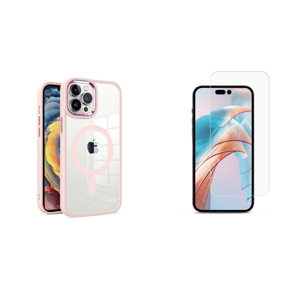 BEMZ Orbit (Compatible with MagSafe) Protective Case for iPhone 15 Pro Max (with Tempered Glass Screen Protector) Light Pink / Clear