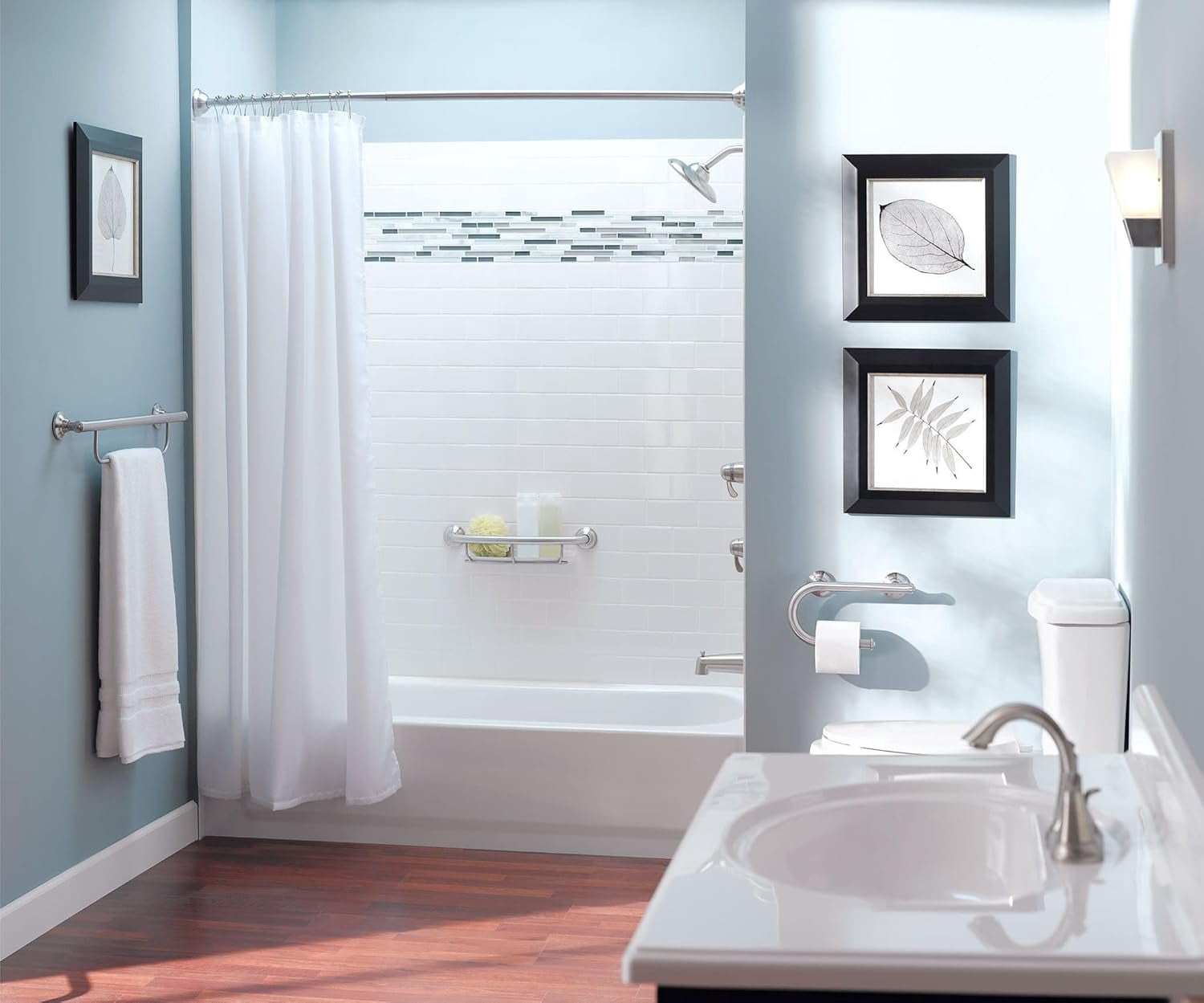 Brushed Nickel 8-Inch Wall Mounted Grab Bar with Integrated Toilet Paper Holder for Bathroom Safety and Accessibility
