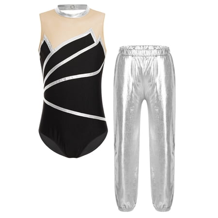 Doomiva Kids Girls 2Pcs Dance Leotard Outfits Dancewear Sleeveless Patchwork Dance Unitards and Metallic Pants Set Silver 10