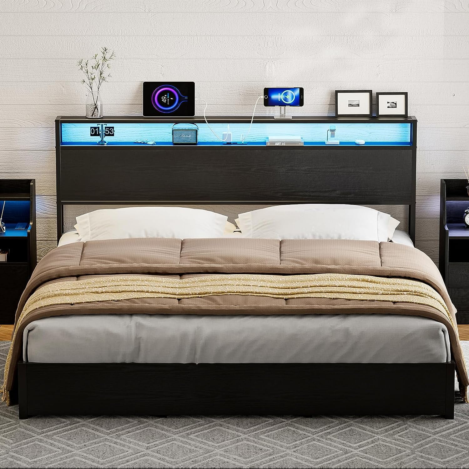 ARICOEASY King Size Storage Headboard with LED Lights & Charging Station, Modern King Headboard for Bedroom, Black