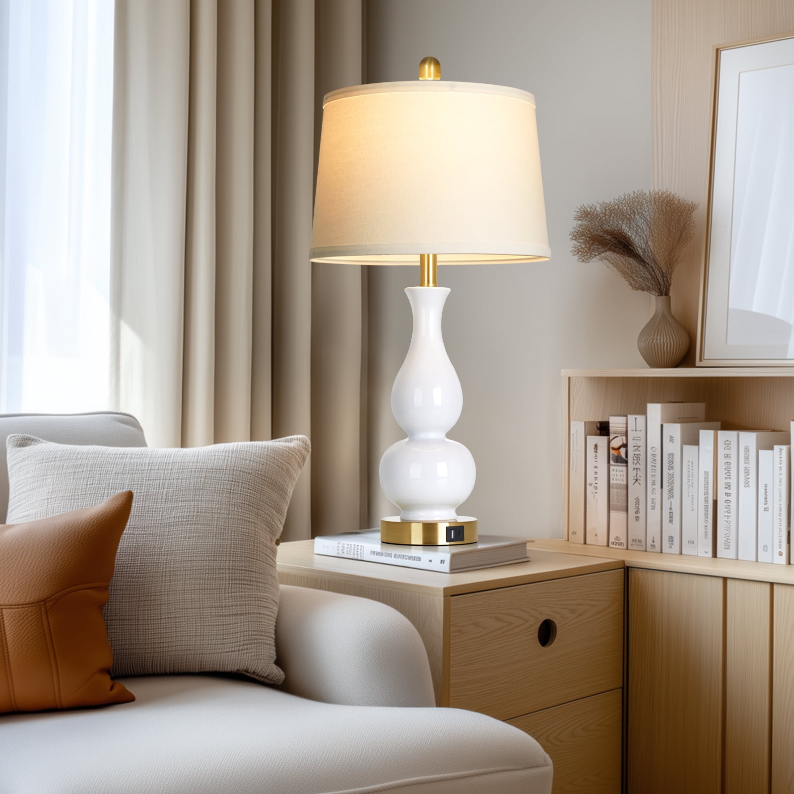 Lolikit 27" Modern Ceramic Table Lamp Set of 2 for Bedroom Living Room,Farmhouse Bedside Nightstand Lamp with USB Charging Port,LED Bulbs Included