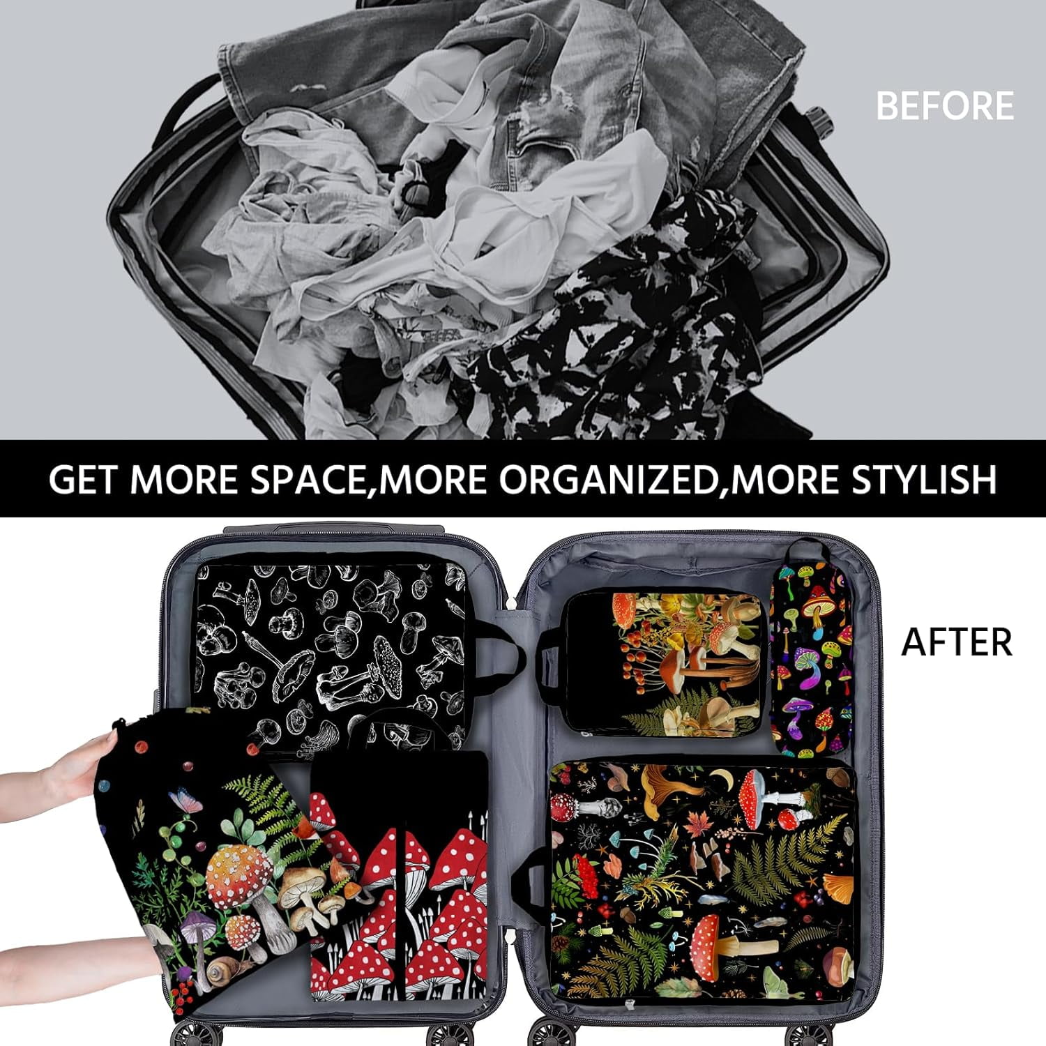 6 Pcs Compression Packing Cubes Waterproof Suitcase Travel Bag Luggage Backpack Organizer Travel Cubes for Packing-Black Mushroom