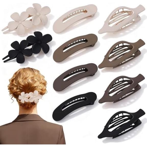 10 count Flat Hair Clips for Women, 3 Styles Matte No Bump Claw Clips for Driving & Lying Down, Rectangle Hair Barrettes & Flower Pins, Hold Non-Slip Hair Accessories for Thick Thin Hair