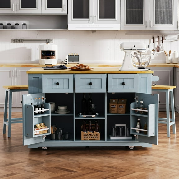 GOMYHOME Large Kitchen Island with Drop Leaf & 2 Bar Stools, Power Outlet, Storage, Grey Blue