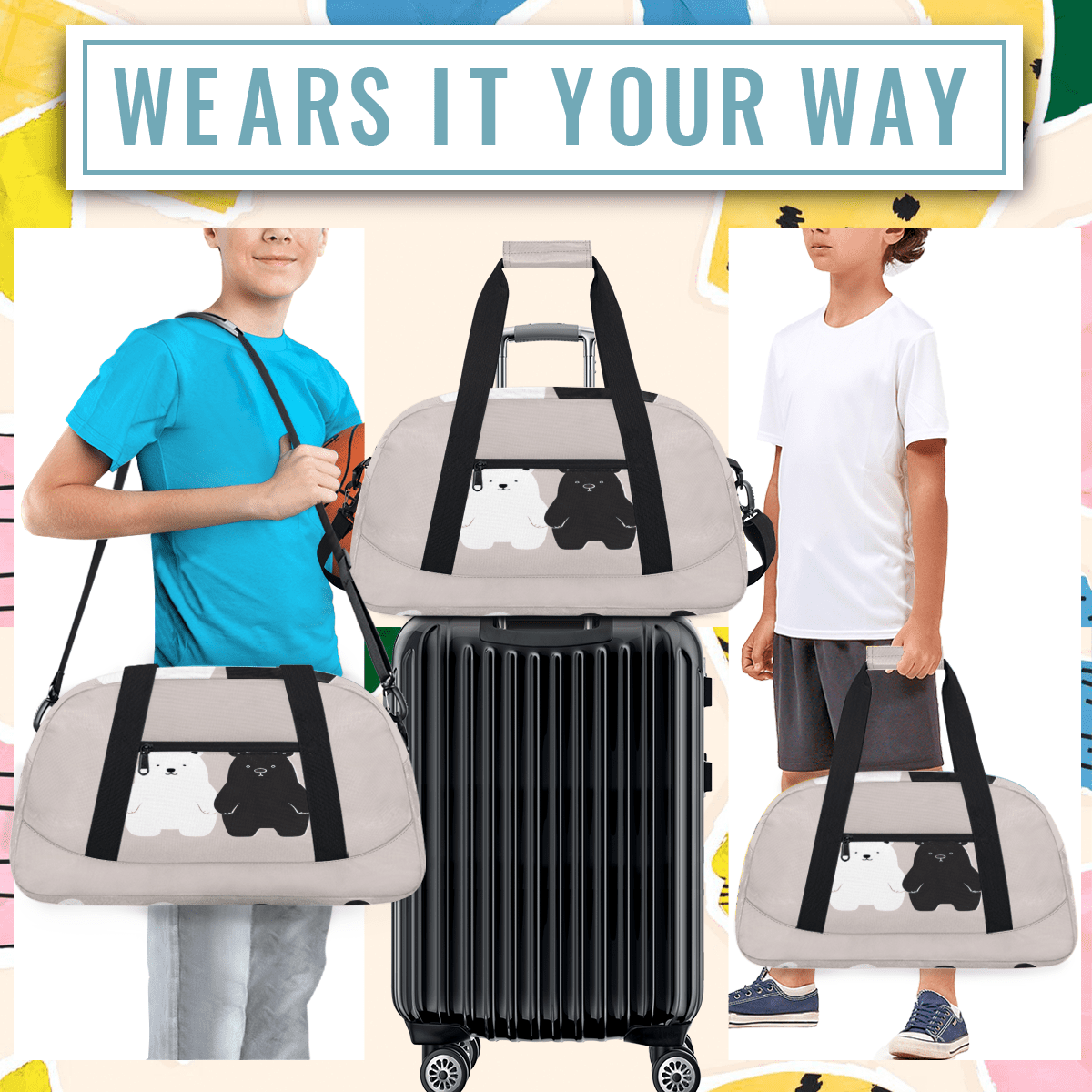 Herdesigns Cute Sports Duffle Bag for Women & Men, Black and White Bear Gym Bag Dance Bag Overnight Bag Carry On Weekender Travel Bag