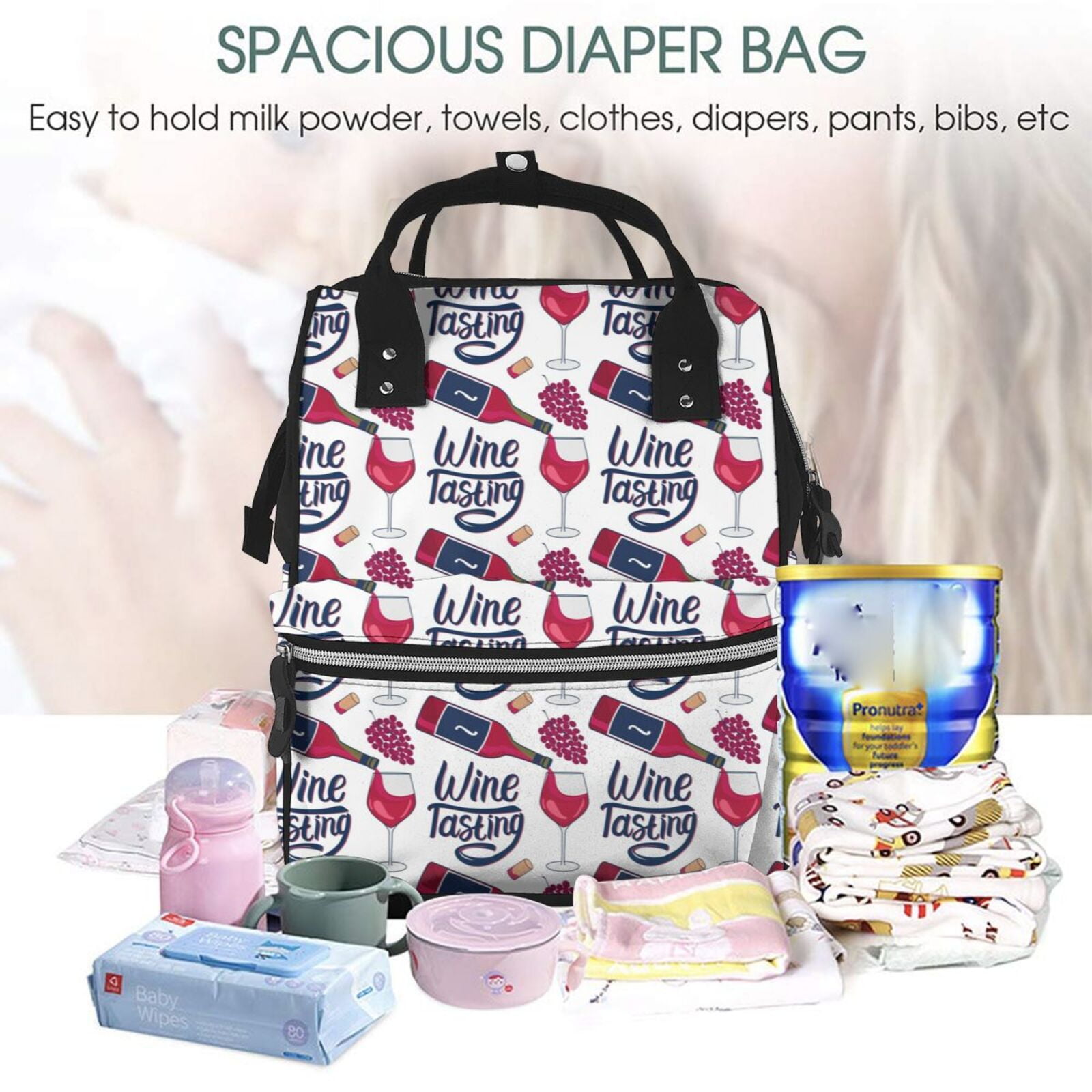 Ratiio Red Wine Glass Bottle Mummy Backpack - Waterproof Twill Canvas, Large Capacity Diaper Bag with Multiple Pockets and Adjustable Straps