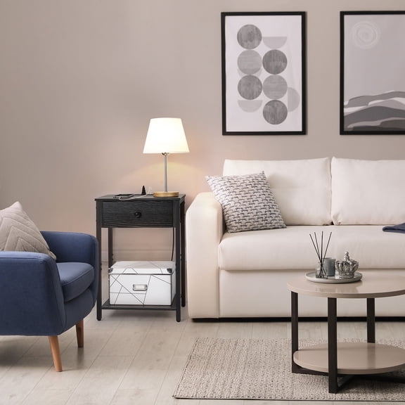 Set of 2 Black Nightstands with Charging Stations, Bedside Tables with USB Ports, Drawer & Shelf