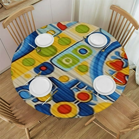

Round Tablecloth with Elastic Edge Fitted Waterproof Wipeable Round Cover for Dining