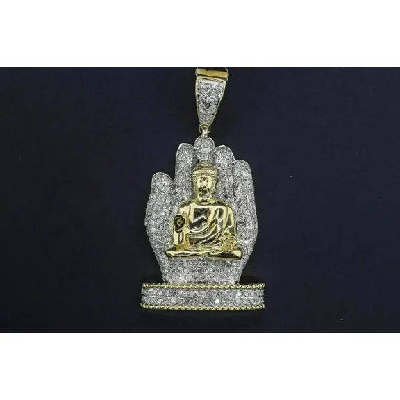 New Jewels 2Ct Real Moissanite Buddha Hand Pendant Charm with Chain 14K Yellow Gold Plated