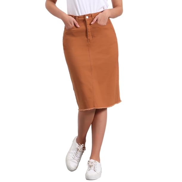 Faldas de mezclilla de cintura alta para mujer INSPIRE CHIC, con dobladillo sin terminar, hasta la rodilla, color rojo ladrillo, talla S