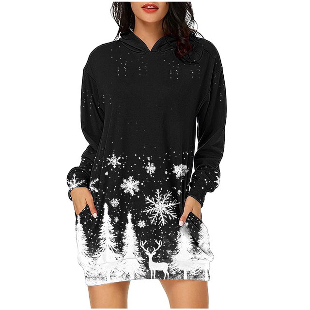 Pisexur Robes de Noël pour Femmes Mode Imprimé Flocon de Neige Sweat à Capuche Robe Décontractée Manches Longues Robes d'Automne Robe de Fête Mini Robe avec Poches