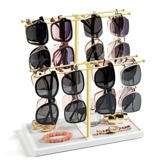 Sunglass Organizer, 2-Tier Glasses Holder Stand for 16 Pairs of Eyewear, Sunglasses Display Rack with Wood Base for Nightstand, Desk, Dresser, Bedroom