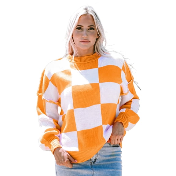 Women's Orange Checkered Bishop Sleeve Sweater – Cozy Casual Style for Fall Days, XL