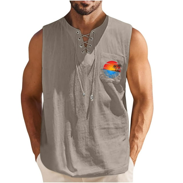 Camisetas de Verano para Hombre, Corbata Casual de Color Sólido sin Mangas Cuello Redondo Camiseta de Camiseta Hecha de 60% Algodón 40% Lino, Bajo Camisetas para Hombres