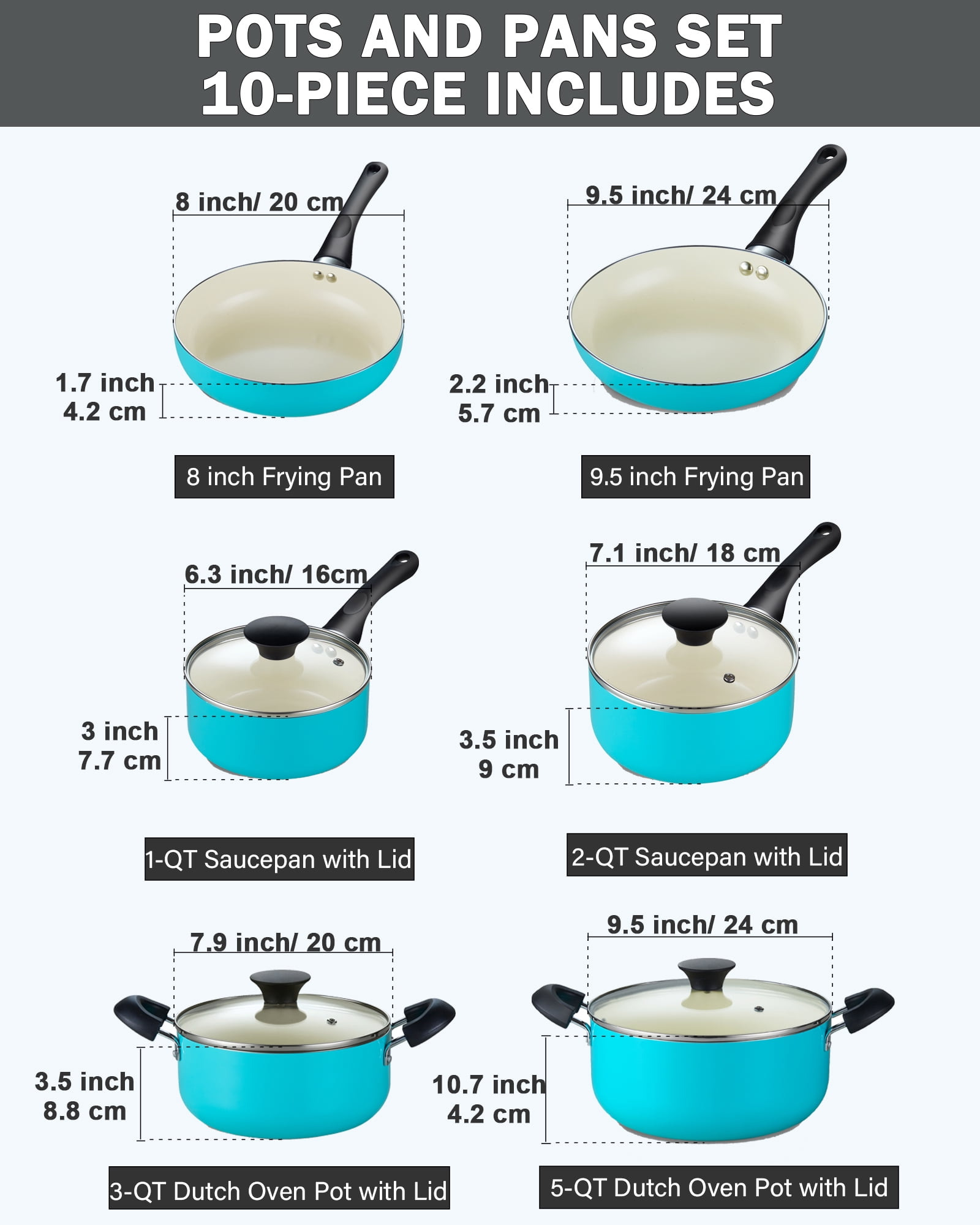 Cook N Home Basics Ceramic Nonstick Pots and Pans Cookware Set, Dutch Ovens and Saucepans with Glass Lid, Frying Pans without Lid, Not Induction, 10-Piece, Turquoise