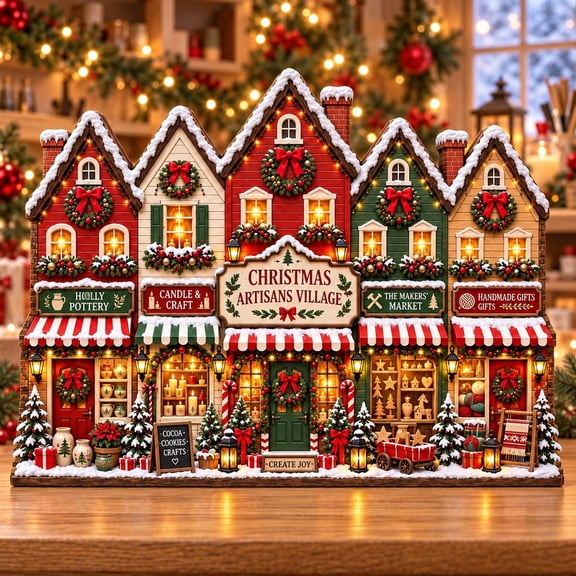 Christmas Village Wooden Block Artisans Market Scene Tiered Tabletop Display for Holiday Hosts