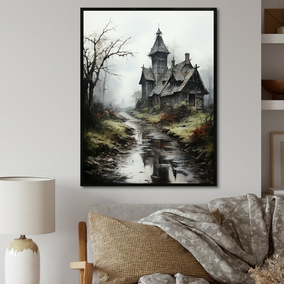 Designart "Mystic Landscape with a Haunted House" Landscapes Framed Wall Art - Coastal Grey Landscape Cottage Entryway Framed Wall Art Print