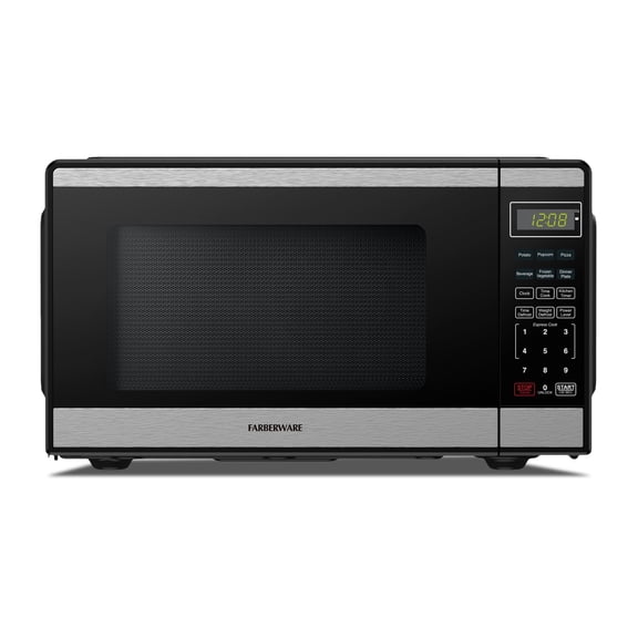 Compact Farberware 0.9 Cu. Ft. Black & Stainless Steel Countertop Microwave – 900W Power, Child Lock, Defrost, and Auto Cook Menu Settings