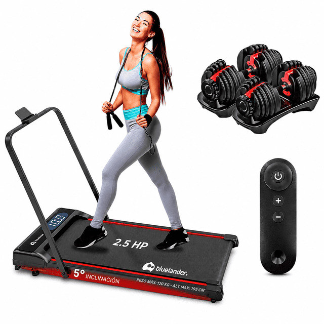 Caminadora Electrica 110 V, Bluelander, Walking Pad con Asa, Incluye un Par de Mancuernas Ajustables de 5 a 52.5 Libras (2 a 24 Kg)