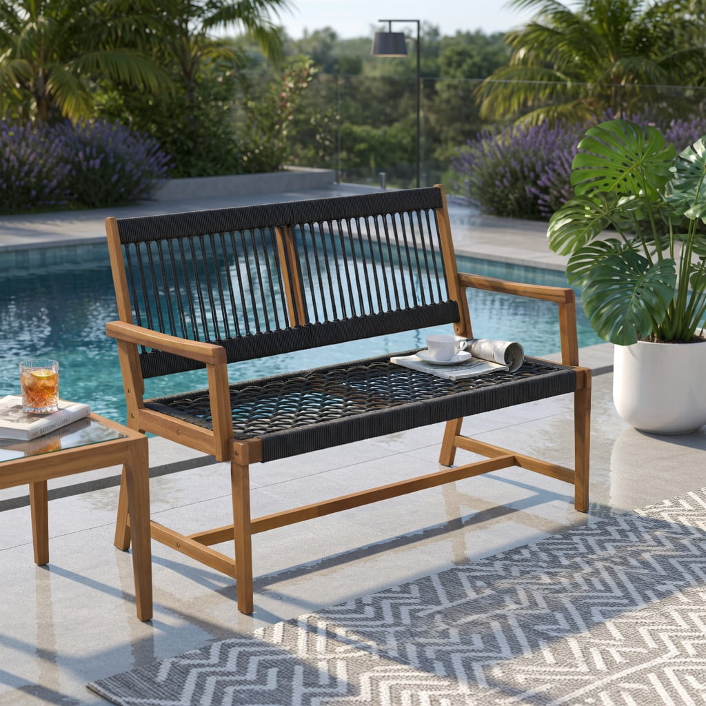 Hommoo 2-Person Outdoor Acacia Wood Bench with Breathable Rope Backrest & Armrests, Garden Seating for Patio, Porch, Backyard, Black