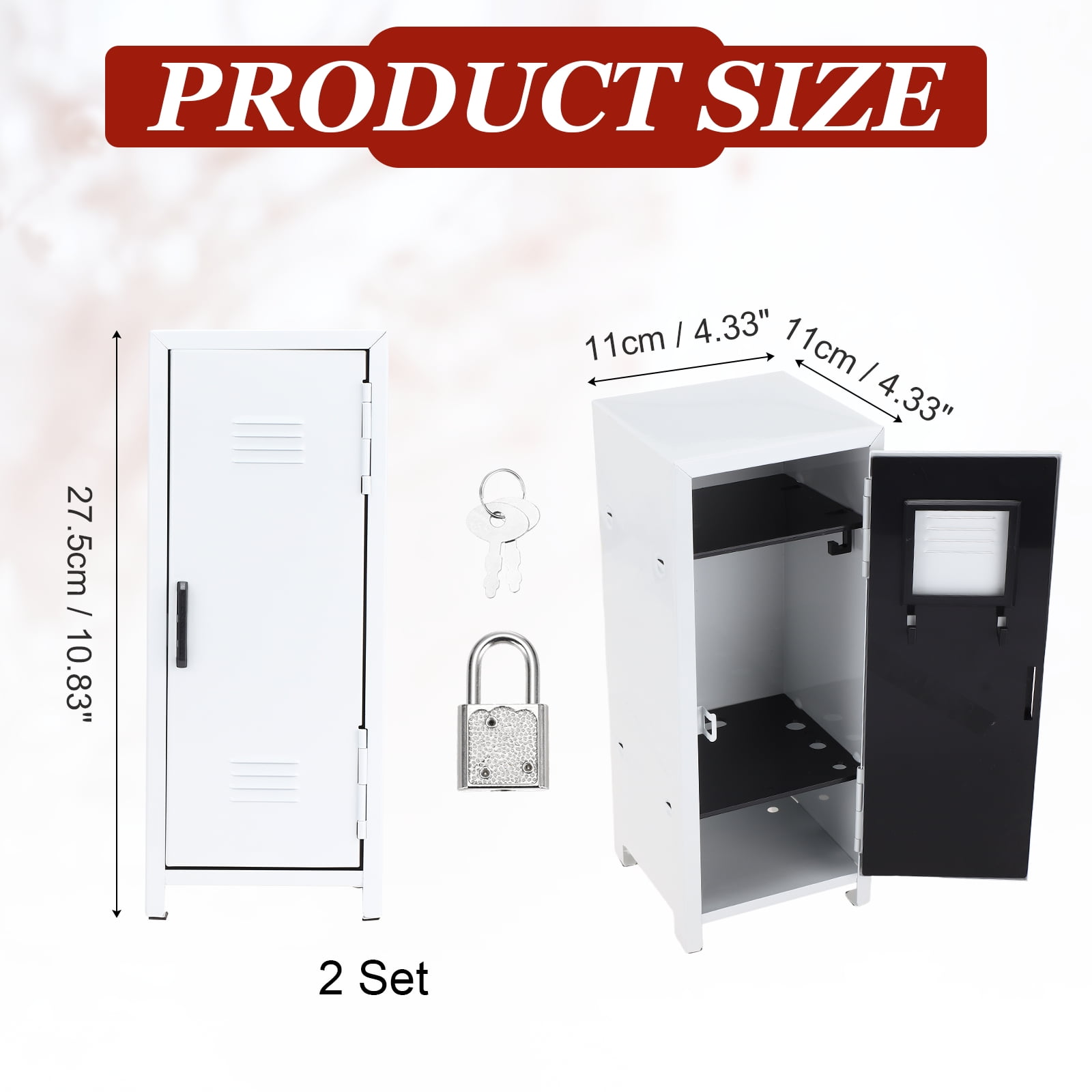 Mini Locker 4.3 x 10.8 Inch, 2 Pcs Small Locker with Lock Keys, Metal Money Safe Storage Box for Desk Bedroom, White