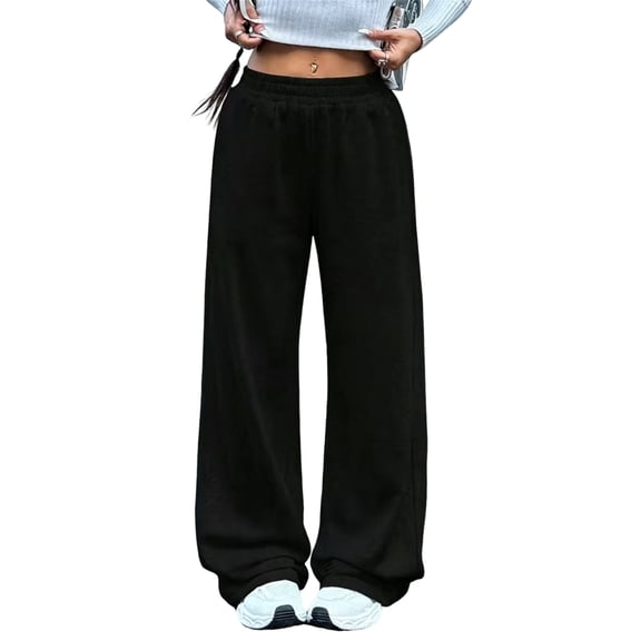 WULMLEO Women’s Elastic Gathered High Waist Wide Leg Sweatpants, No Drawstring Loose Full Length Straight Palazzo Casual Lounge Athletic Trousers Black S