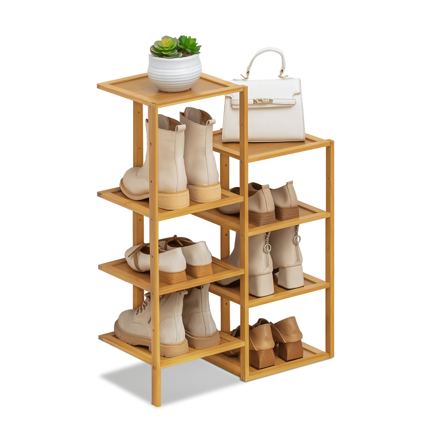 MoNiBloom Bamboo 8 Tiers Corner Shoes Rack, 8 Pairs Organizer Stand, Natural, for Entryway, Size: 8 Shelves, Beige