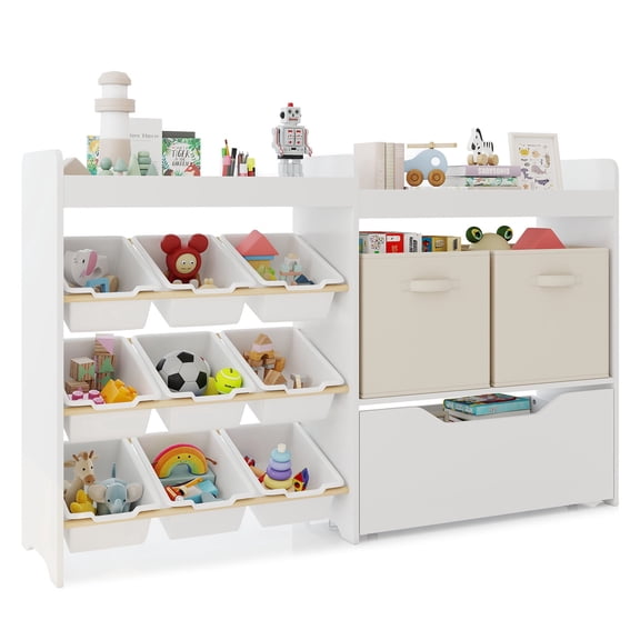 COSVALVE Wooden Kids Toy Storage Organizer with Bookshelf,9 Box Bins,Movable Drawer for Nursery Playroom Bedroom(White)
