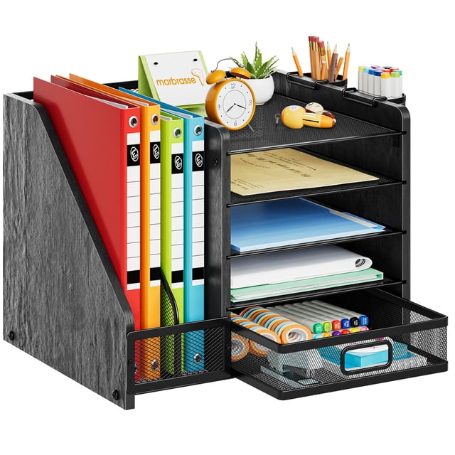 Organizador de escritorio Marbrasse para cartas de papel de 5 niveles con cajón de madera