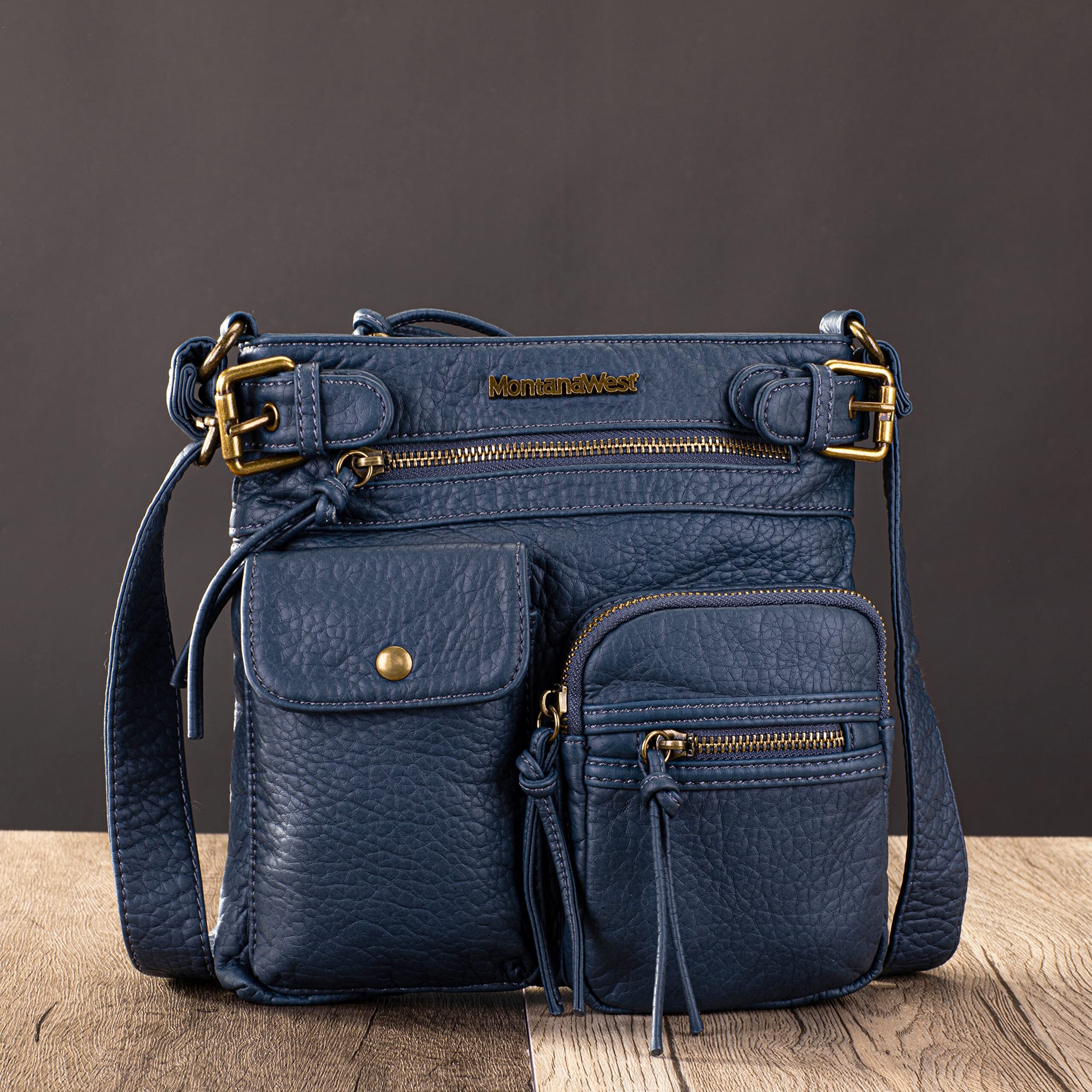 Montana West Crossbody Bag for Women Soft Washed Leather Multi Pocket Shoulder Purses, Blue