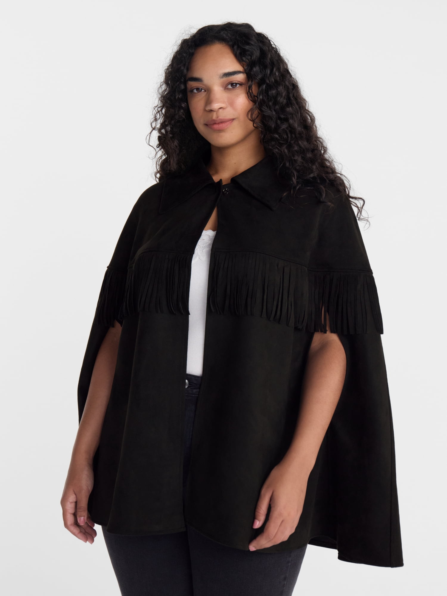 Scenario Women's Faux Suede Fringe Cape, Midweight, Sizes S-3XL