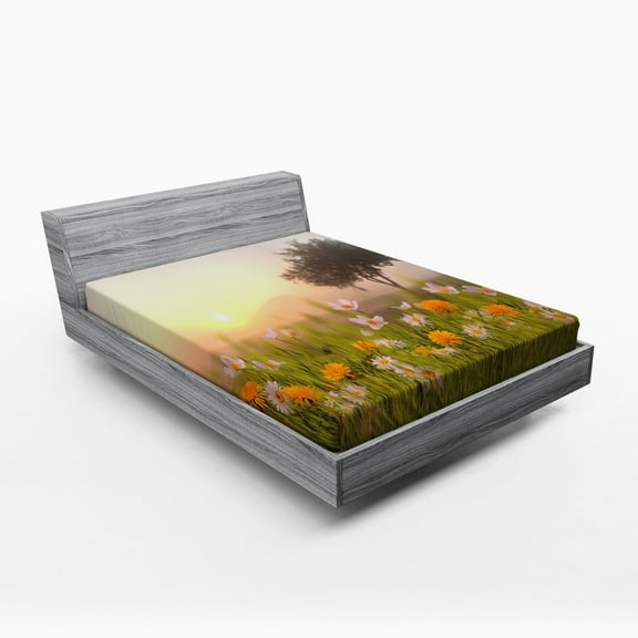Ambesonne Country Home Fitted Sheet, Daisies Tree Mist, Queen Size, Multicolor