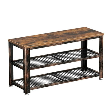28.7” Bench with 3-Tier Shoe Rack, Indoor Storage Entry Bench with Mesh Shelves Wood Seat, Rustic Foyer Bench for Hallway Front Door, Doorway, Living Room, Mudroom, Steel Frame - Brown