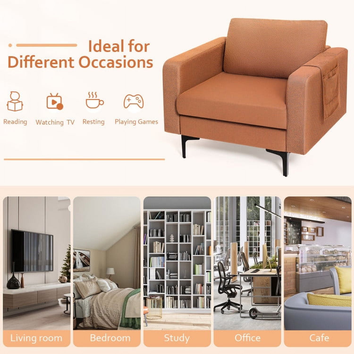 Finihen Upholstered Accent Armchair, Modern Accent Armchair with Side Storage Pocket, for Living Room, Bedroom, Orange